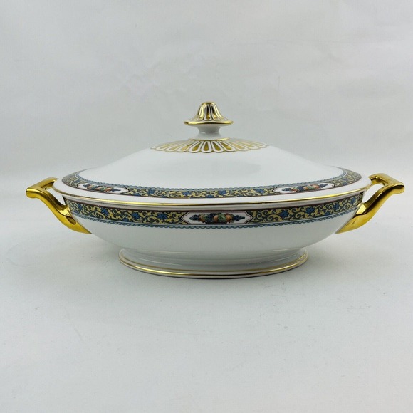 Thomas Bavaria Harvest Oval Covered Vegetable Dish Fruit Blue Scrolls Gold Rim - Picture 4 of 12